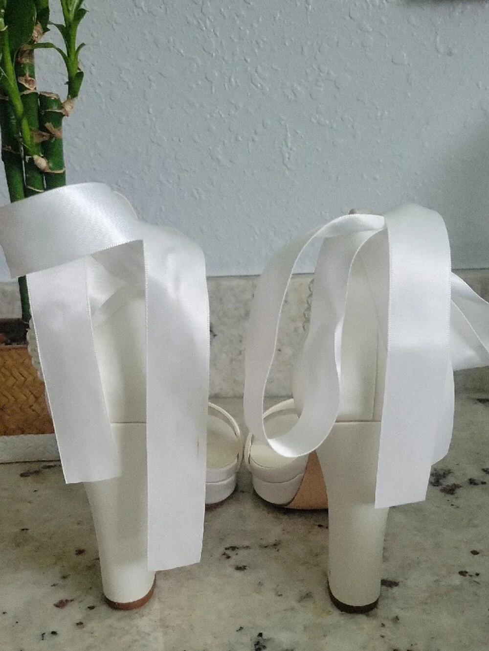 Ivory Pearl-Accent Block Heel Sandal with Satin Ankle Tie